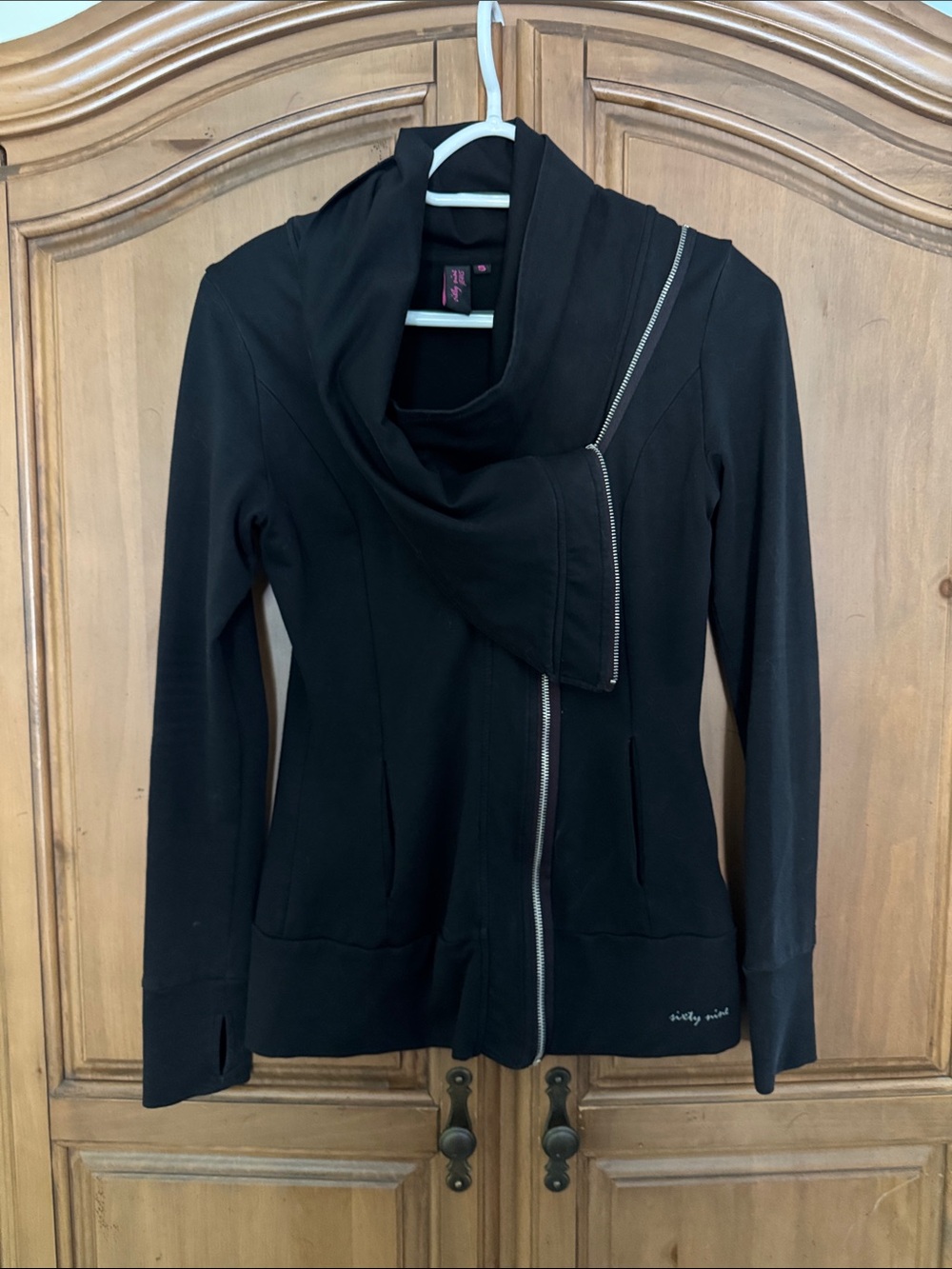 Sixty Nine  Black Asymmetrical Zip Hoodie with Draped Collar